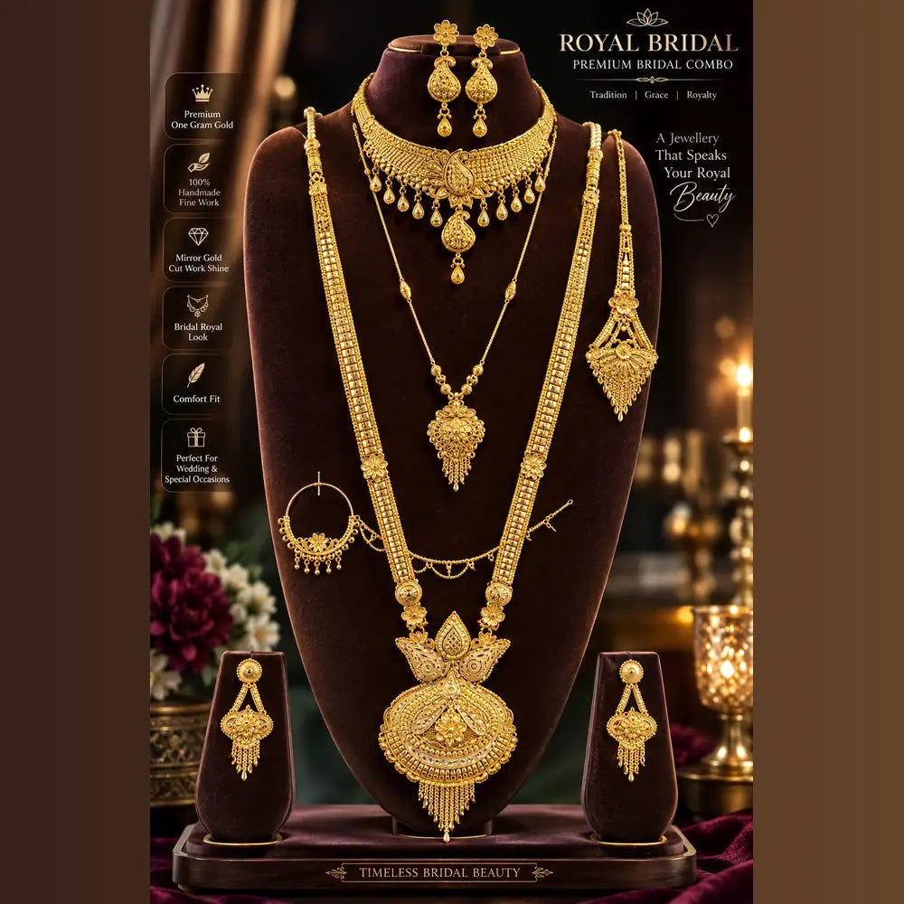 Royal Bridal One Gram Gold Necklace Set with Choker, Long Haar, Earrings, Nath & Maang Tikka