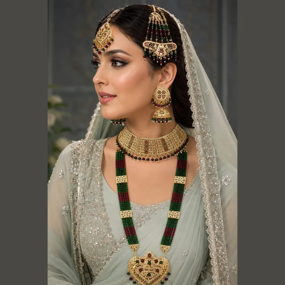 Bridal Green Beads & Gold Plated AD Choker Long Necklace Set with Earrings & Maang Tikka