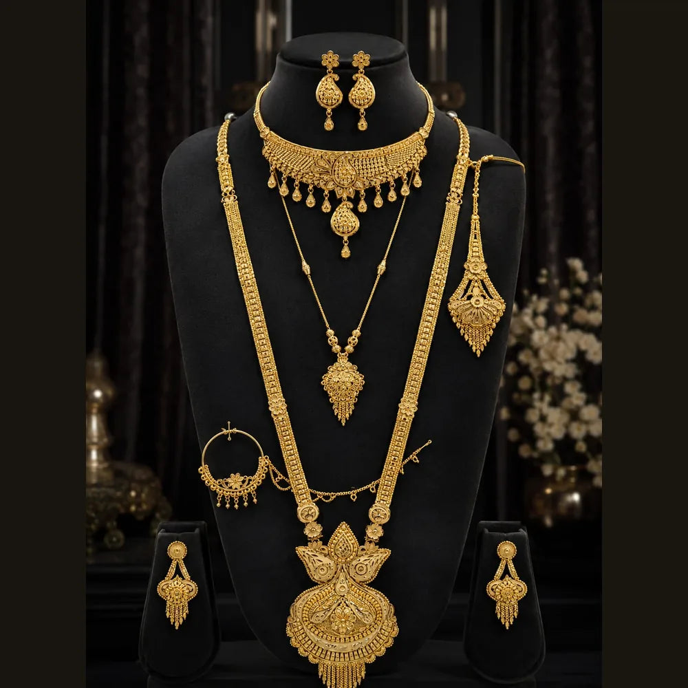 Royal Bridal One Gram Gold Necklace Set with Choker, Long Haar, Earrings, Nath & Maang Tikka