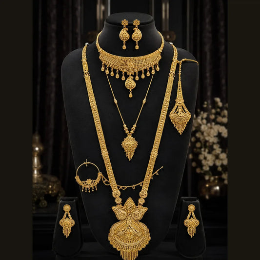 Royal Bridal One Gram Gold Necklace Set with Choker, Long Haar, Earrings, Nath & Maang Tikka