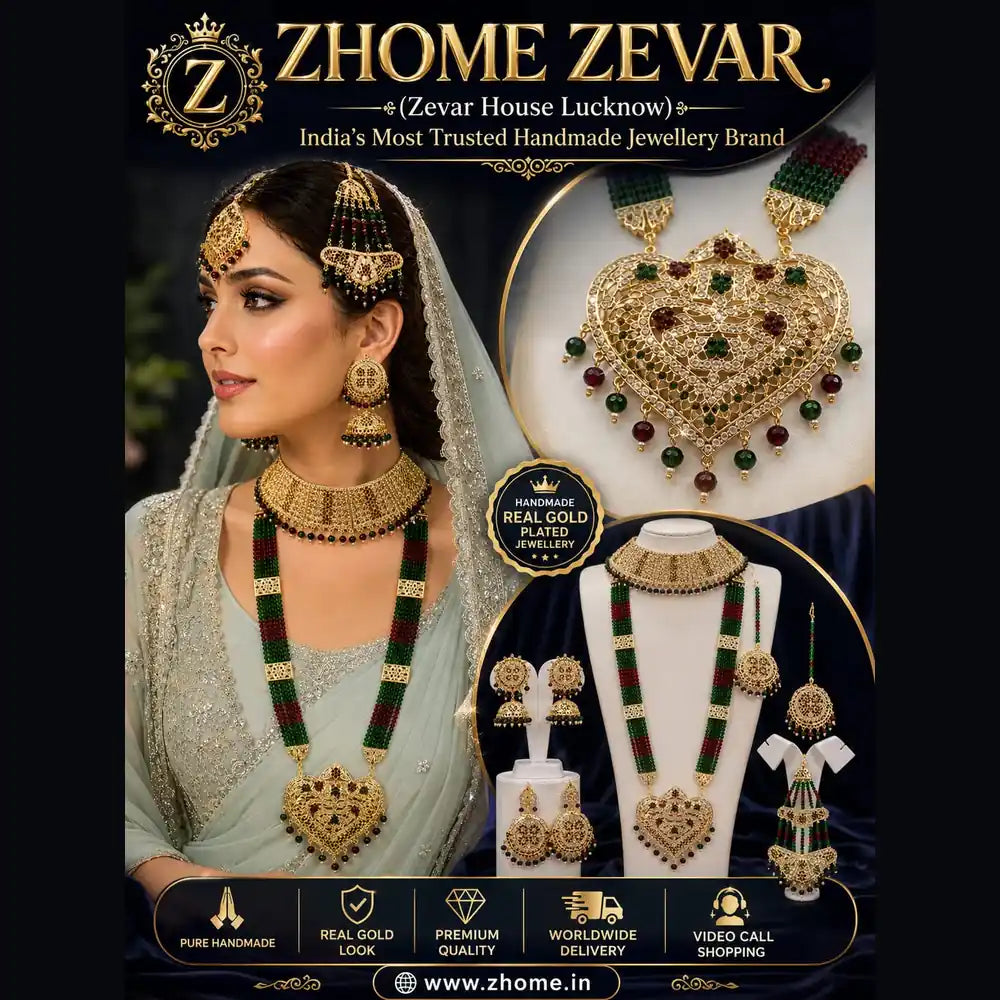 Bridal Green Beads & Gold Plated AD Choker Long Necklace Set with Earrings & Maang Tikka