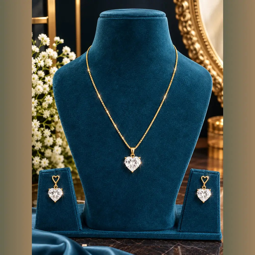 ZHome Zevar Heart Crystal Necklace & Earrings Set | Anti-Tarnish Gold Look Jewellery