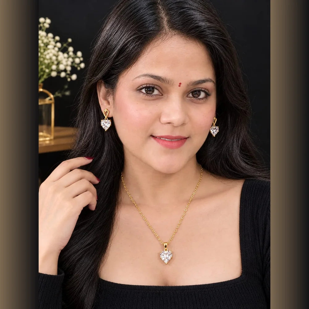 ZHome Zevar Heart Crystal Necklace & Earrings Set | Anti-Tarnish Gold Look Jewellery