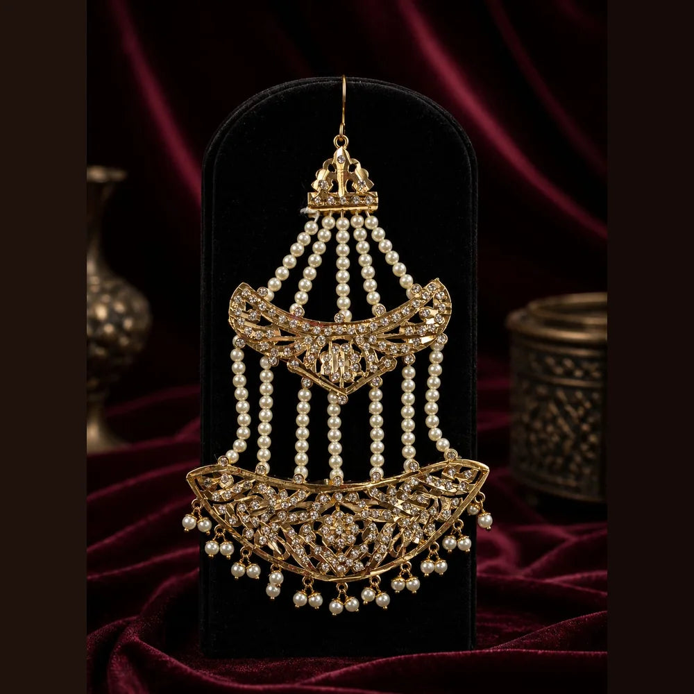 Handmade Bridal Pearl Kundan Necklace Set with Matching Earrings, Matha Patti & Traditional Jewellery Set