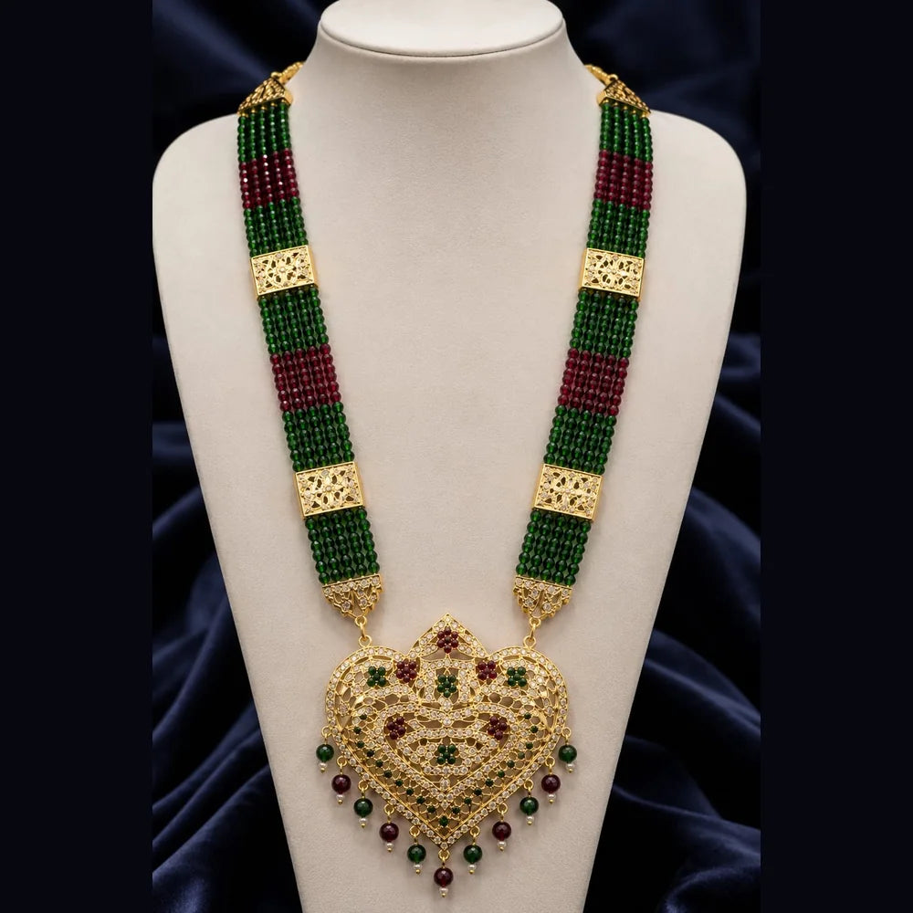 Bridal Green Beads & Gold Plated AD Choker Long Necklace Set with Earrings & Maang Tikka