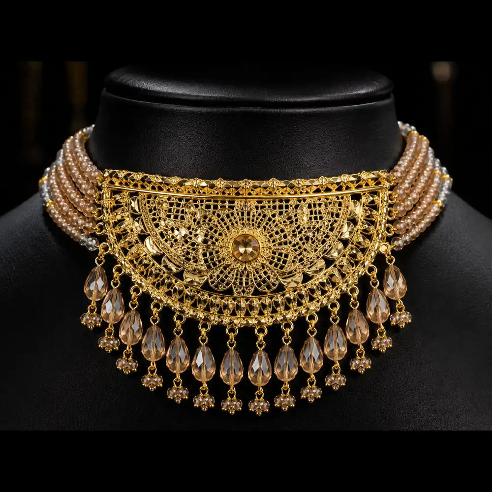 ZHome Royal Handmade Bridal Necklace Set with Choker, Long Haar & Matching Jewellery