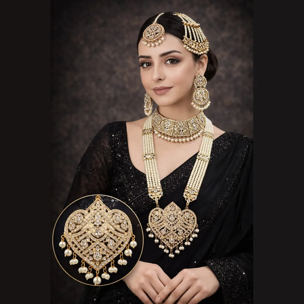 Handmade Bridal Pearl Kundan Necklace Set with Matching Earrings, Matha Patti & Traditional Jewellery Set