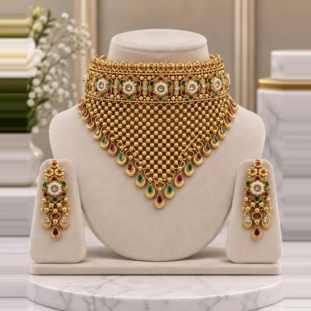 Traditional Kundan Gold Plated Bridal Necklace Set with Earrings – ZHOME Zevar