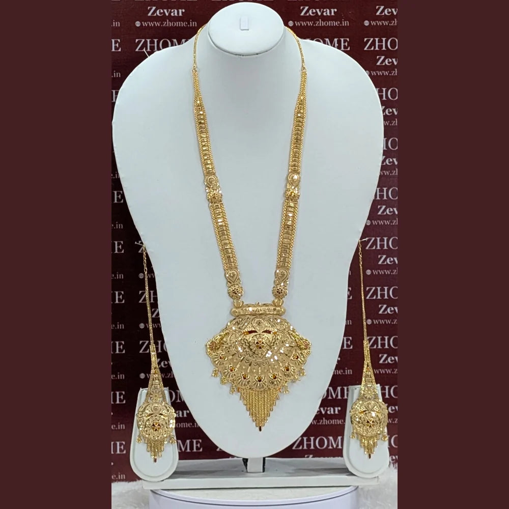 Royal Bridal OneGram Gold Combo Jewellery Set | Long & Short Necklace with Earrings, Mangtika & Choker | Handmade RealGold Finish