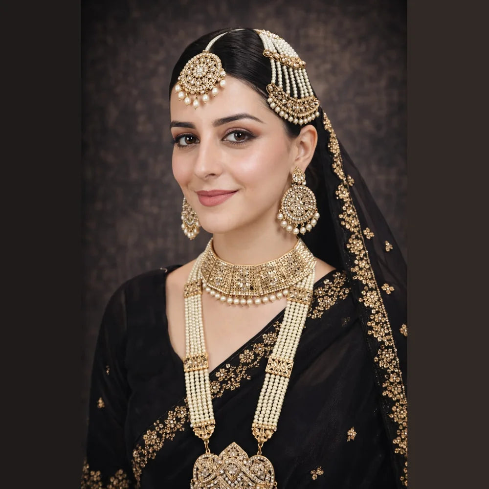 Handmade Bridal Pearl Kundan Necklace Set with Matching Earrings, Matha Patti & Traditional Jewellery Set