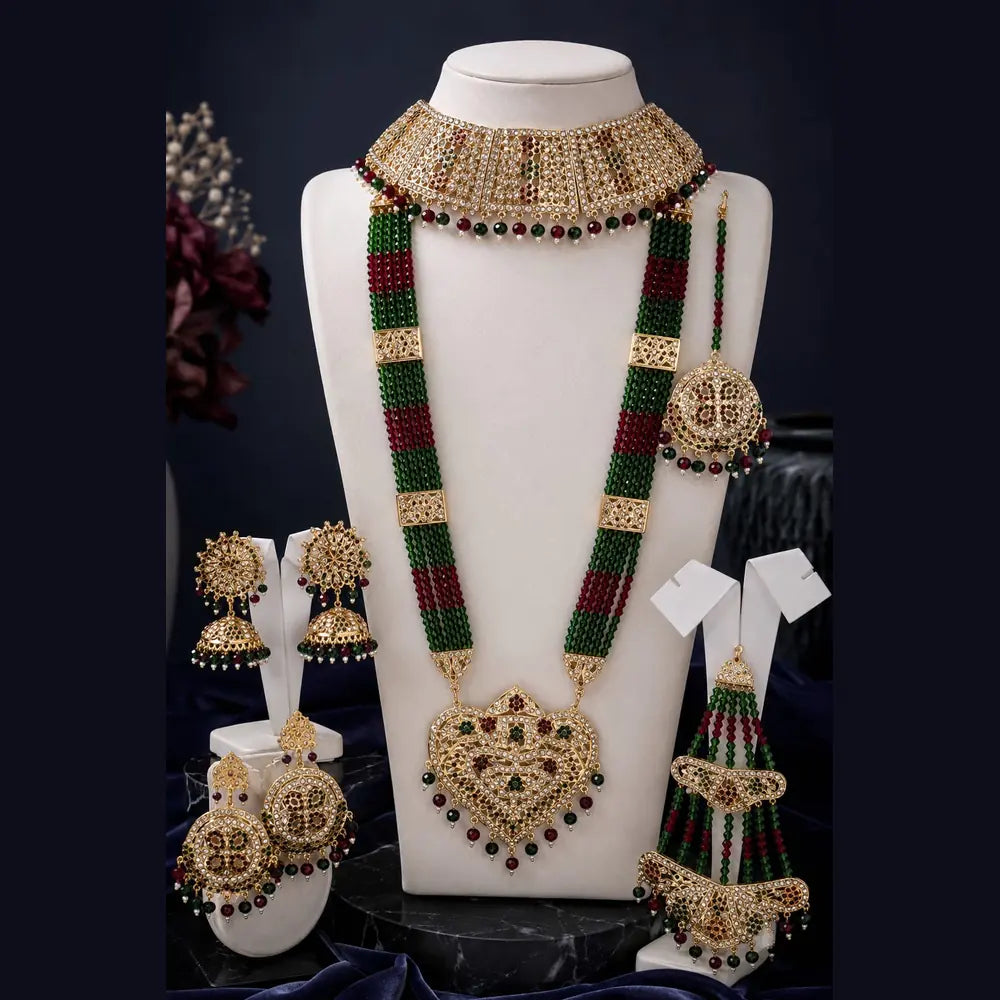 Bridal Green Beads & Gold Plated AD Choker Long Necklace Set with Earrings & Maang Tikka
