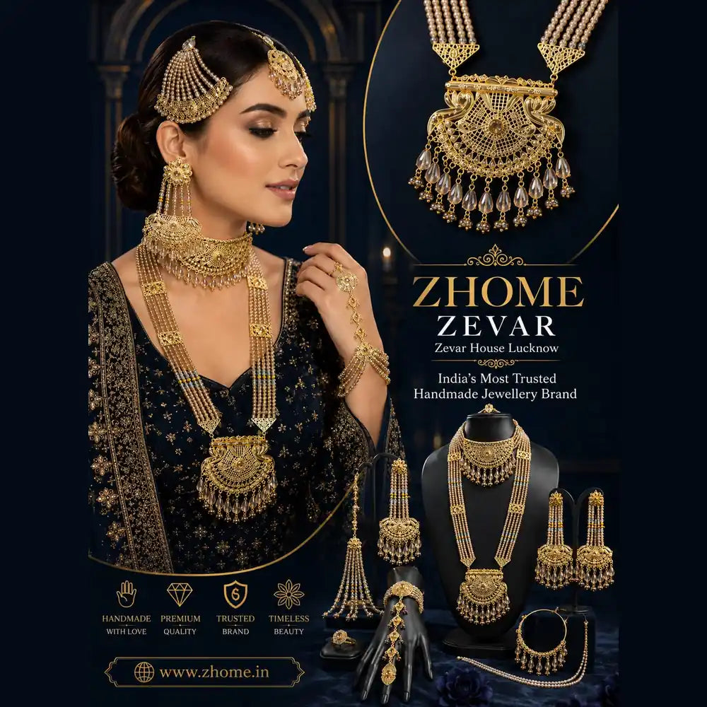 ZHome Royal Handmade Bridal Necklace Set with Choker, Long Haar & Matching Jewellery