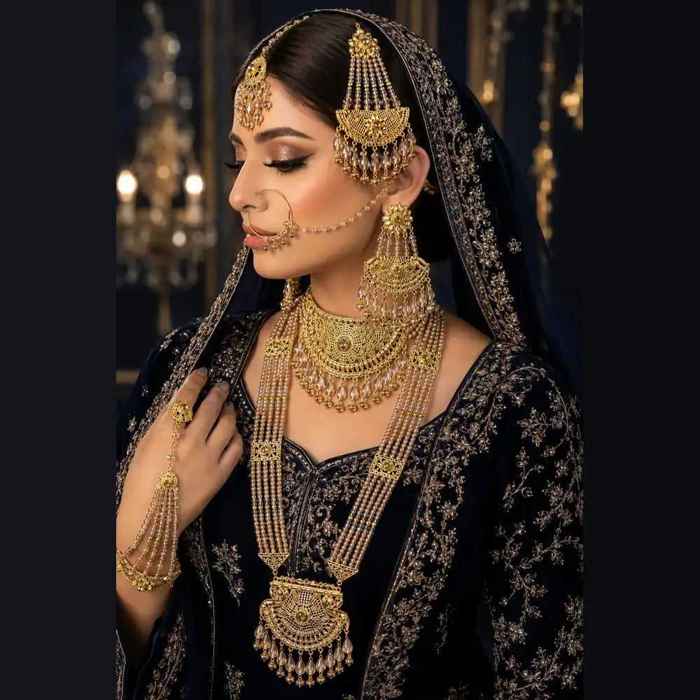 ZHome Royal Handmade Bridal Necklace Set with Choker, Long Haar & Matching Jewellery