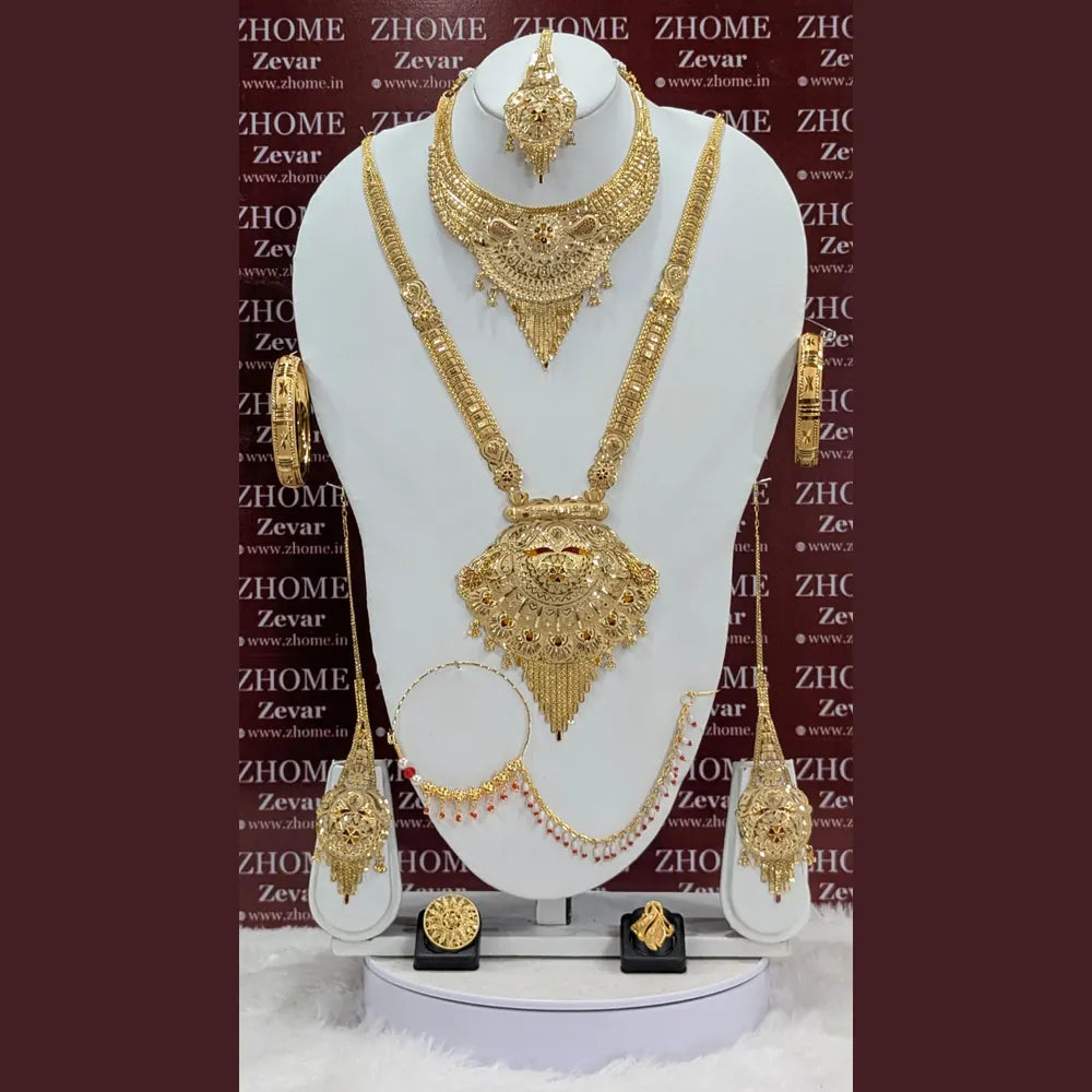 Royal Bridal OneGram Gold Combo Jewellery Set | Long & Short Necklace with Earrings, Mangtika & Choker | Handmade RealGold Finish