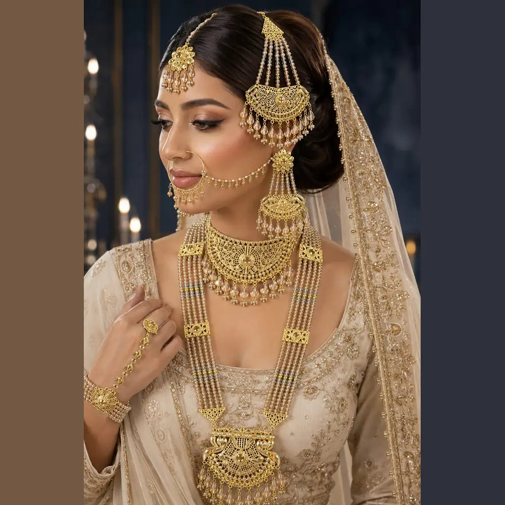 ZHome Royal Handmade Bridal Necklace Set with Choker, Long Haar & Matching Jewellery
