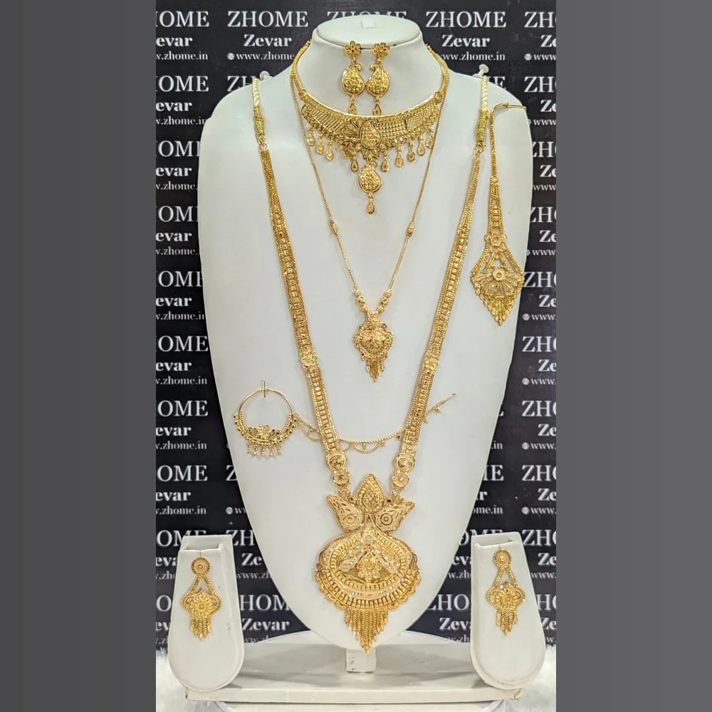 Royal Bridal One Gram Gold Necklace Set with Choker, Long Haar, Earrings, Nath & Maang Tikka