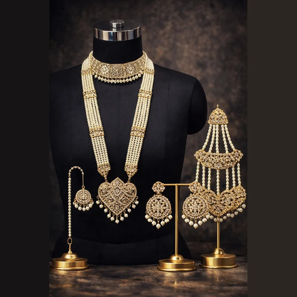 Handmade Bridal Pearl Kundan Necklace Set with Matching Earrings, Matha Patti & Traditional Jewellery Set