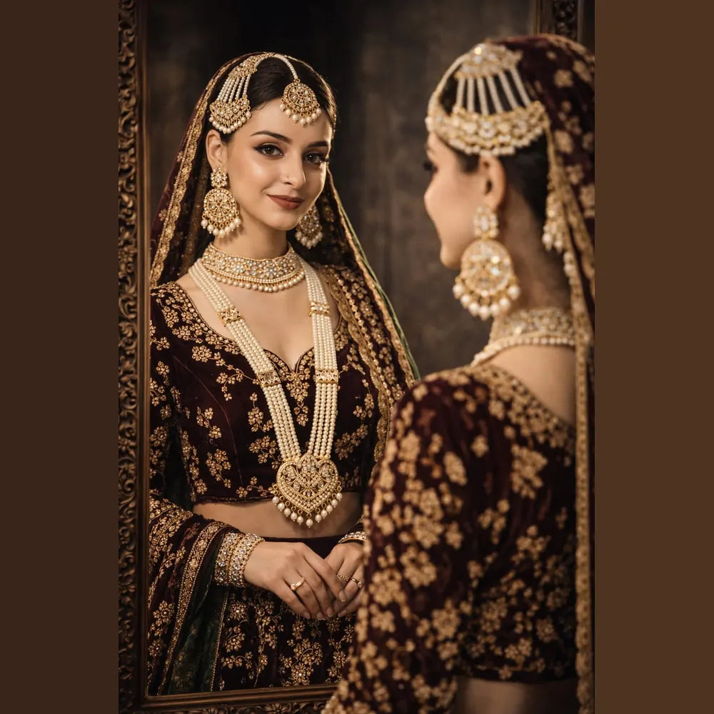 Handmade Bridal Pearl Kundan Necklace Set with Matching Earrings, Matha Patti & Traditional Jewellery Set