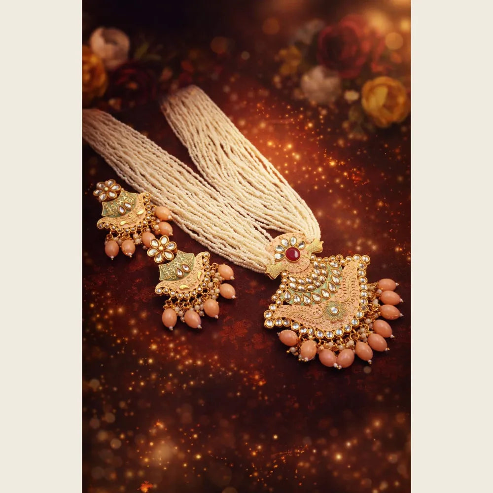 Premium Multi Layer Pearl Kundan Statement Necklace Set for Women Wedding Party Jewellery ZHome