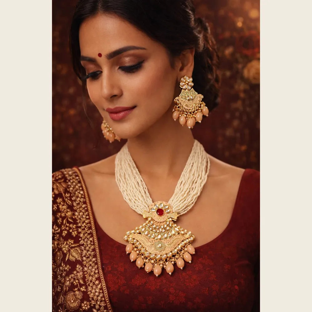 Premium Multi Layer Pearl Kundan Statement Necklace Set for Women Wedding Party Jewellery ZHome