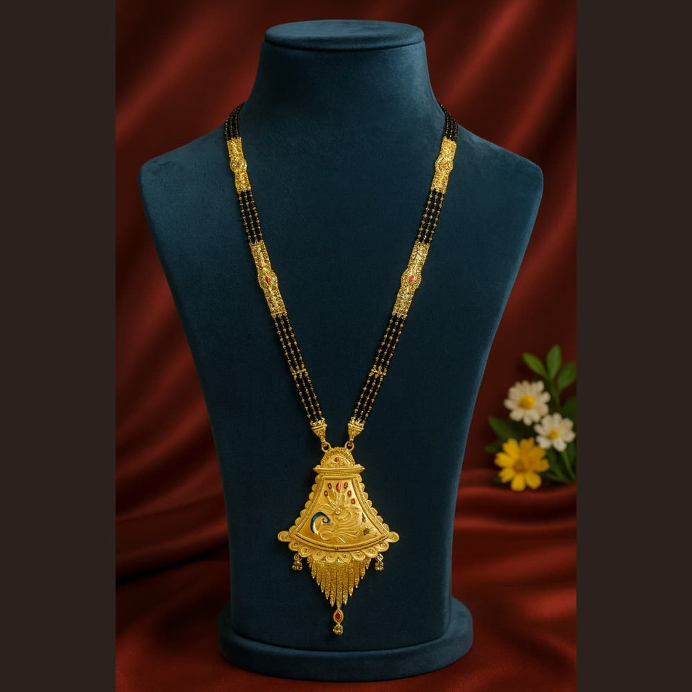 ZHOME Tripal Layar Mangalsutra on mannequin – Onegram Gold Plated traditional design

