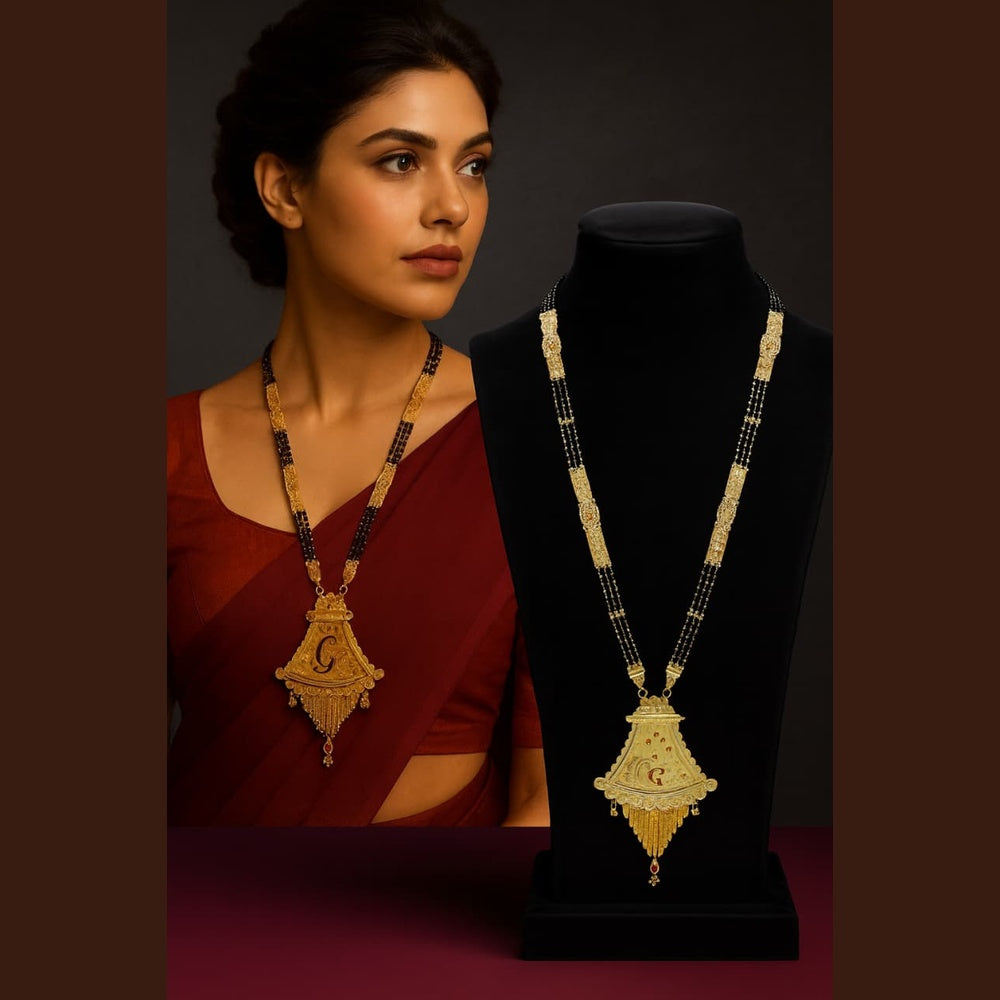 ZHOME Tripal Layar Mangalsutra on blue velvet dummy – luxury background display