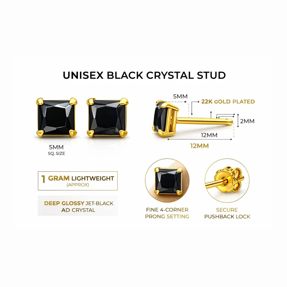 ZHome Black Crystal Square Stud for Women & Girls | Gold Plated Minimal Daily Wear Earring