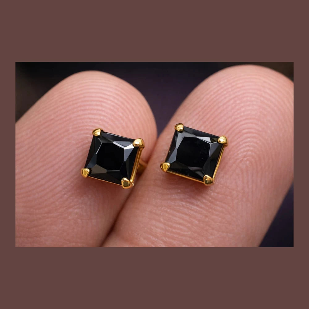 ZHome Black Crystal Square Stud for Women & Girls | Gold Plated Minimal Daily Wear Earring