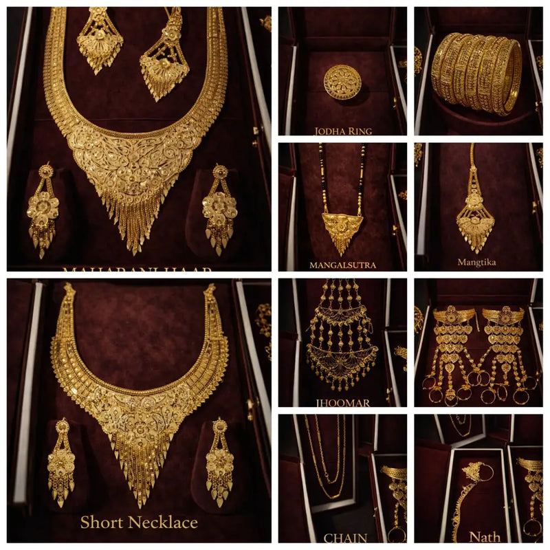 Royal Handmade One Gram Gold Plated Bridal Jewellery Combo Set for Women with Necklace, Mangalsutra, Ring, Hathphool, Jhoomar and Accessories
