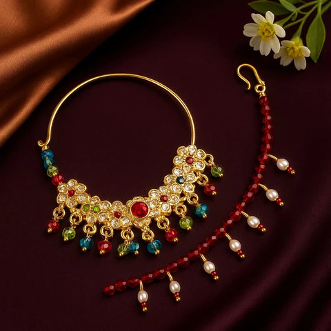 Bridal Karwachauth Nath – Multicolor Crystal Nose Ring with Pearl Lari | ZHome