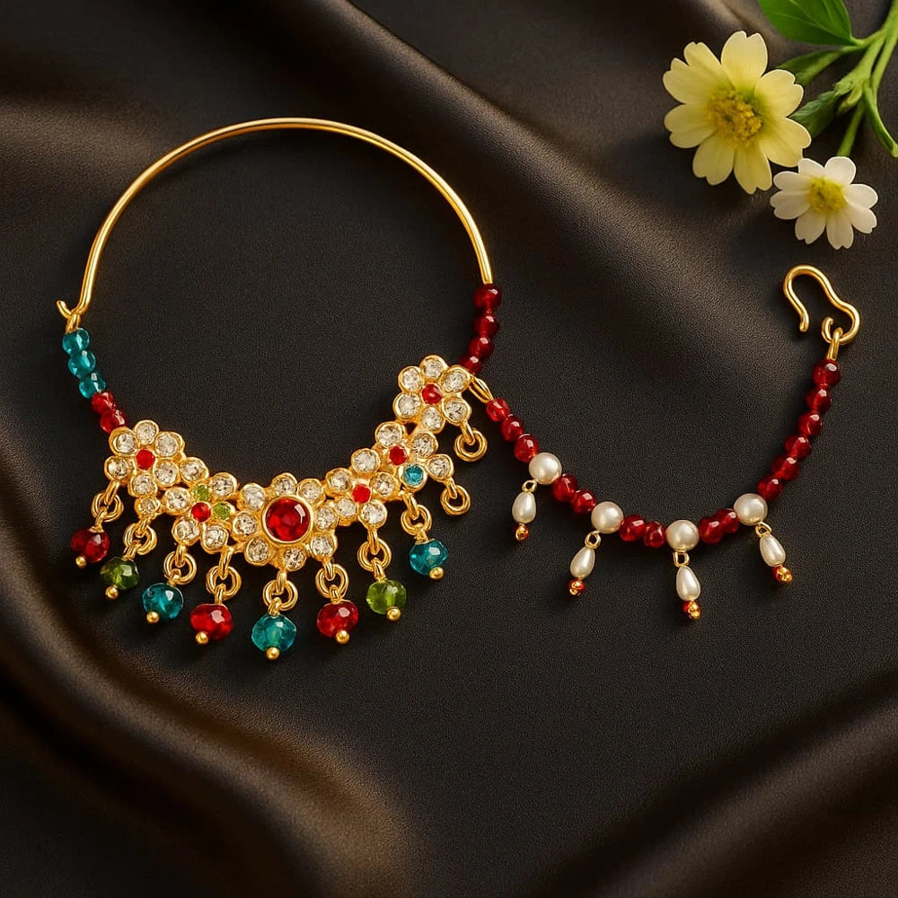 Bridal Karwachauth Nath – Multicolor Crystal Nose Ring with Pearl Lari | ZHome