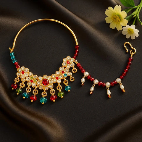 Bridal Karwachauth Nath – Multicolor Crystal Nose Ring with Pearl Lari | ZHome