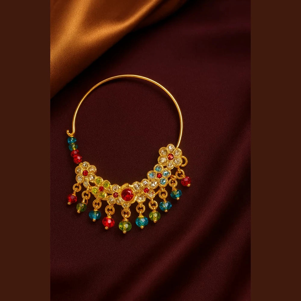 Bridal Karwachauth Nath – Multicolor Crystal Nose Ring with Pearl Lari | ZHome