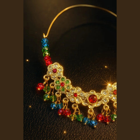 Bridal Karwachauth Nath – Multicolor Crystal Nose Ring with Pearl Lari | ZHome