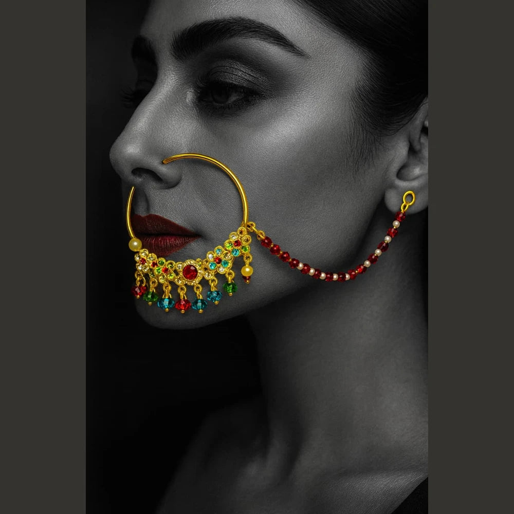 Bridal Karwachauth Nath – Multicolor Crystal Nose Ring with Pearl Lari | ZHome