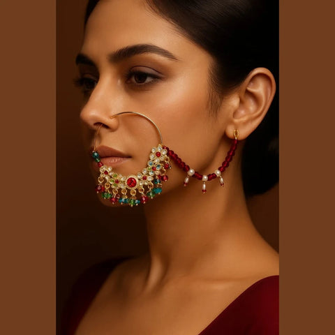 Bridal Karwachauth Nath – Multicolor Crystal Nose Ring with Pearl Lari | ZHome