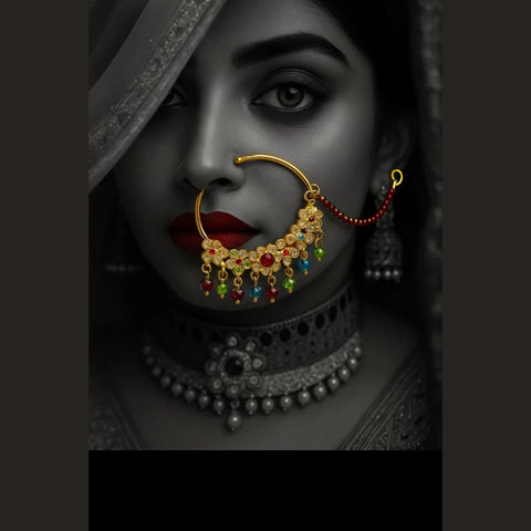 Bridal Karwachauth Nath – Multicolor Crystal Nose Ring with Pearl Lari | ZHome
