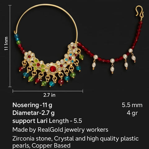 Bridal Karwachauth Nath – Multicolor Crystal Nose Ring with Pearl Lari | ZHome