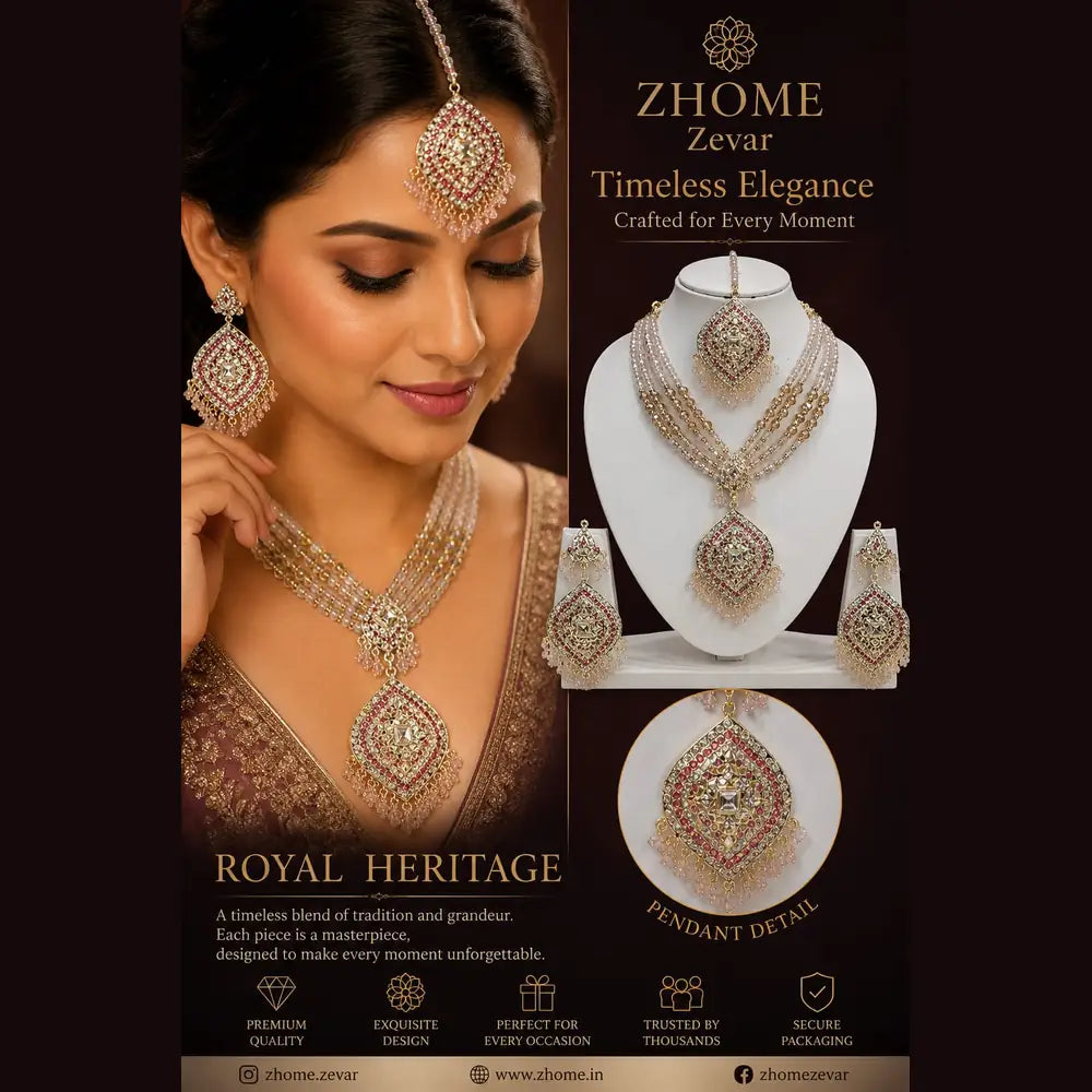 Handmade Royal Heritage Pearl & Stone Necklace Set | Necklace, Earrings & Maang Tikka Combo