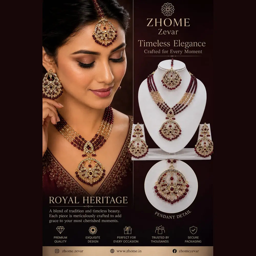 Handmade Royal Heritage Pearl & Stone Necklace Set | Necklace, Earrings & Maang Tikka Combo
