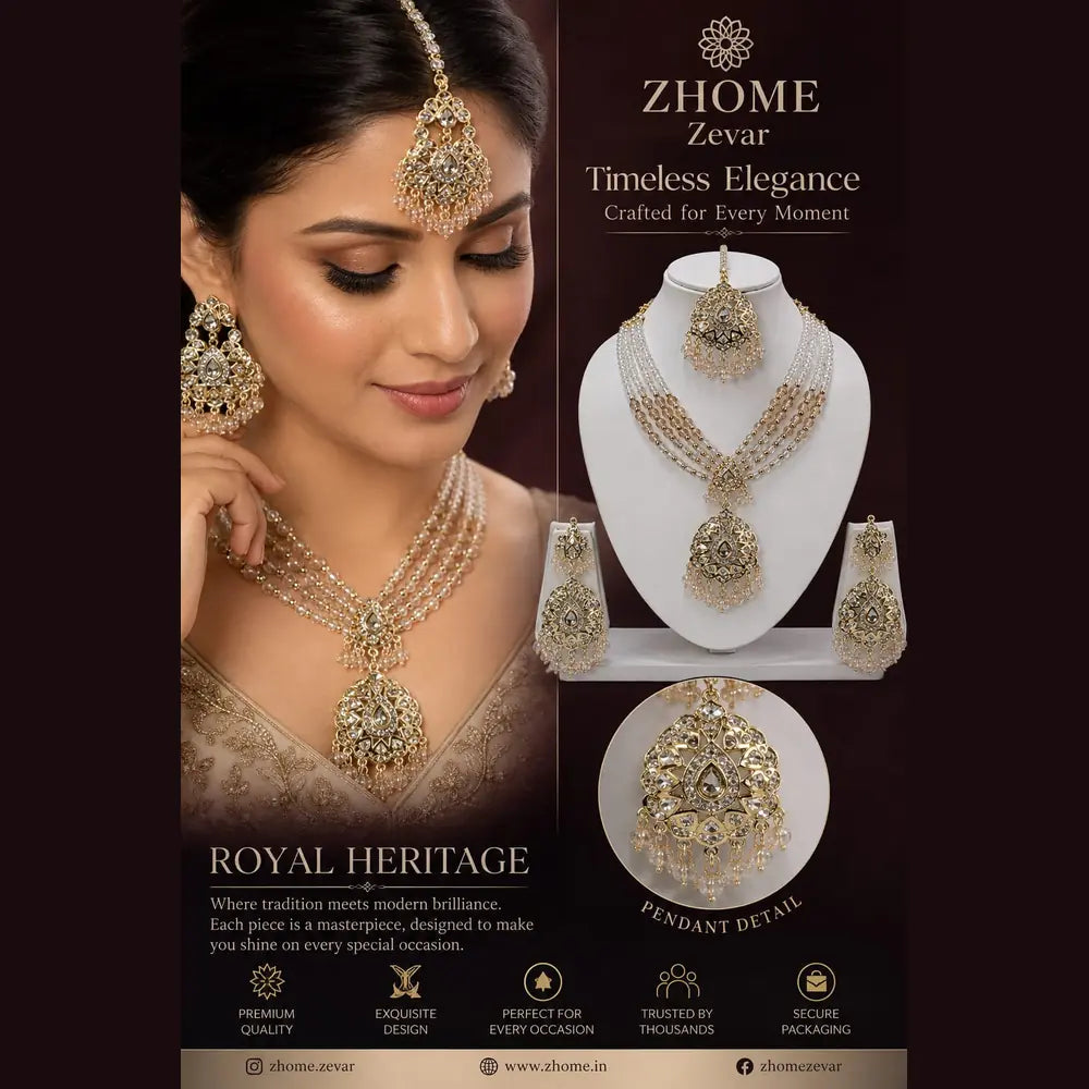 Handmade Royal Heritage Pearl & Stone Necklace Set | Necklace, Earrings & Maang Tikka Combo