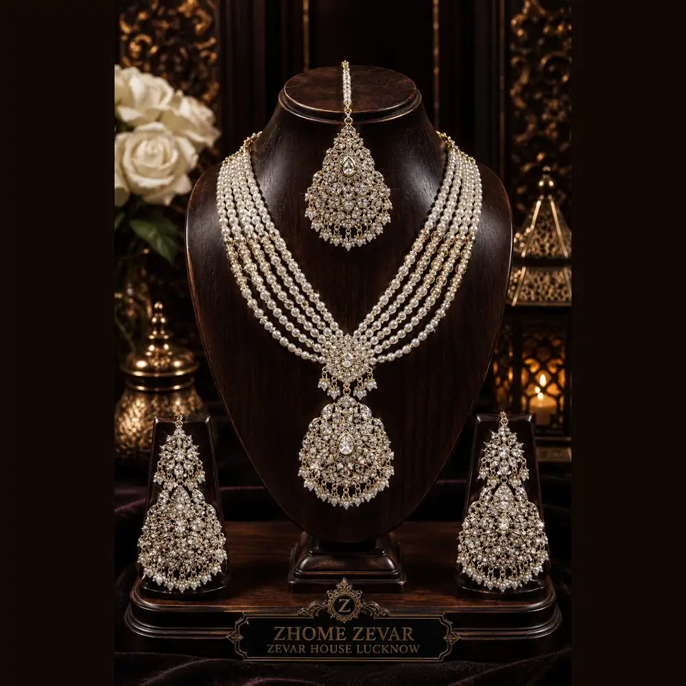 Handmade Royal Heritage Pearl & Stone Necklace Set | Necklace, Earrings & Maang Tikka Combo