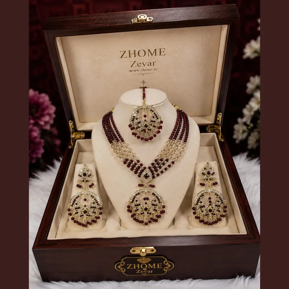 Handmade Royal Heritage Pearl & Stone Necklace Set | Necklace, Earrings & Maang Tikka Combo