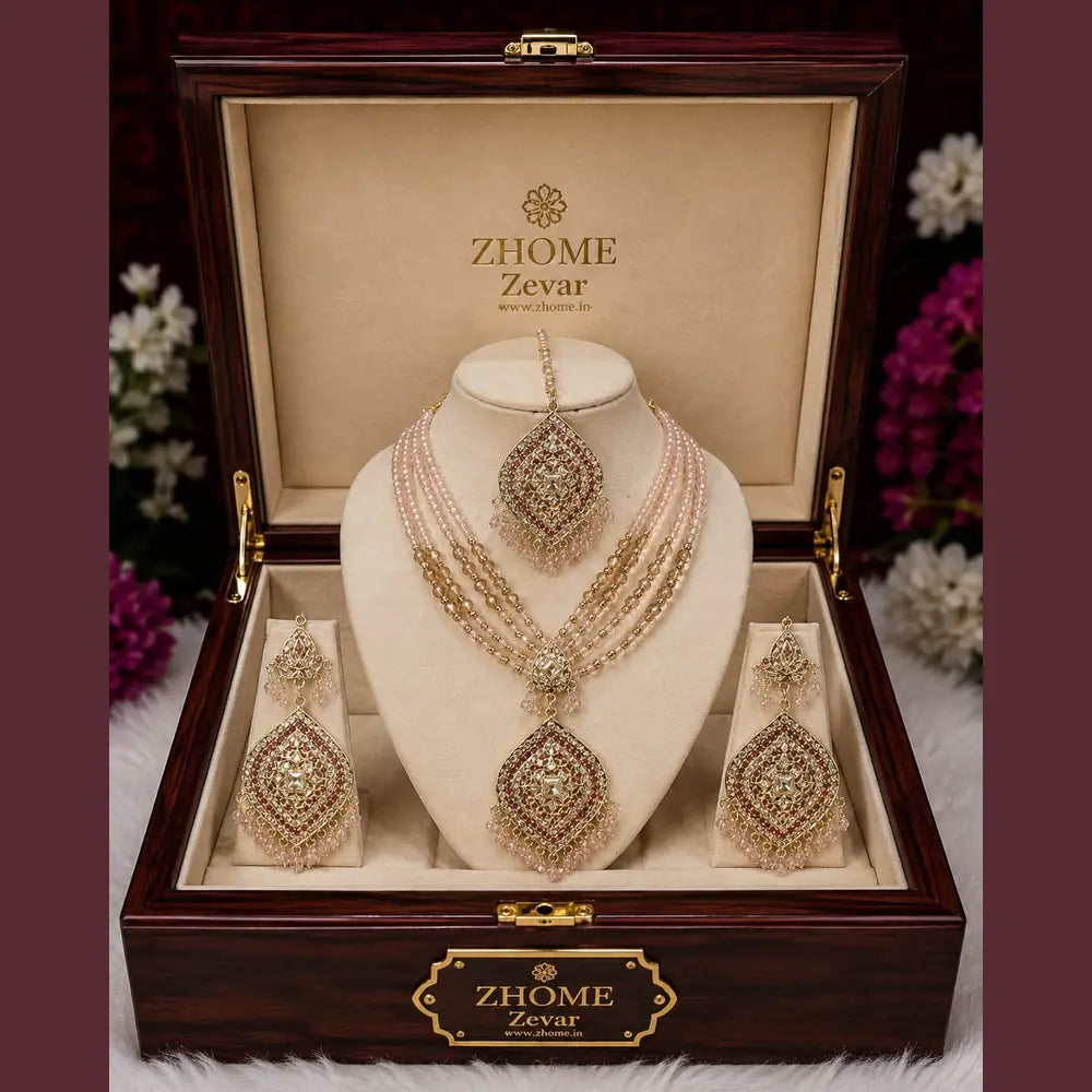 Handmade Royal Heritage Pearl & Stone Necklace Set | Necklace, Earrings & Maang Tikka Combo