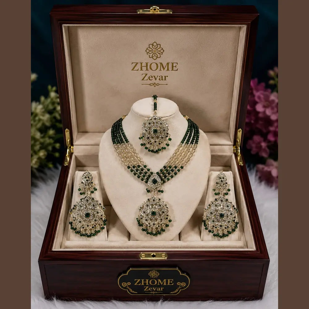 Handmade Royal Heritage Pearl & Stone Necklace Set | Necklace, Earrings & Maang Tikka Combo