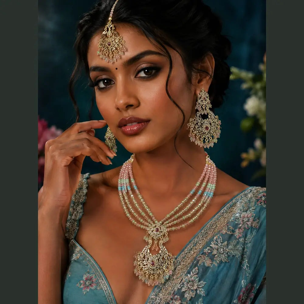 Handmade Royal Heritage Pearl & Stone Necklace Set | Necklace, Earrings & Maang Tikka Combo