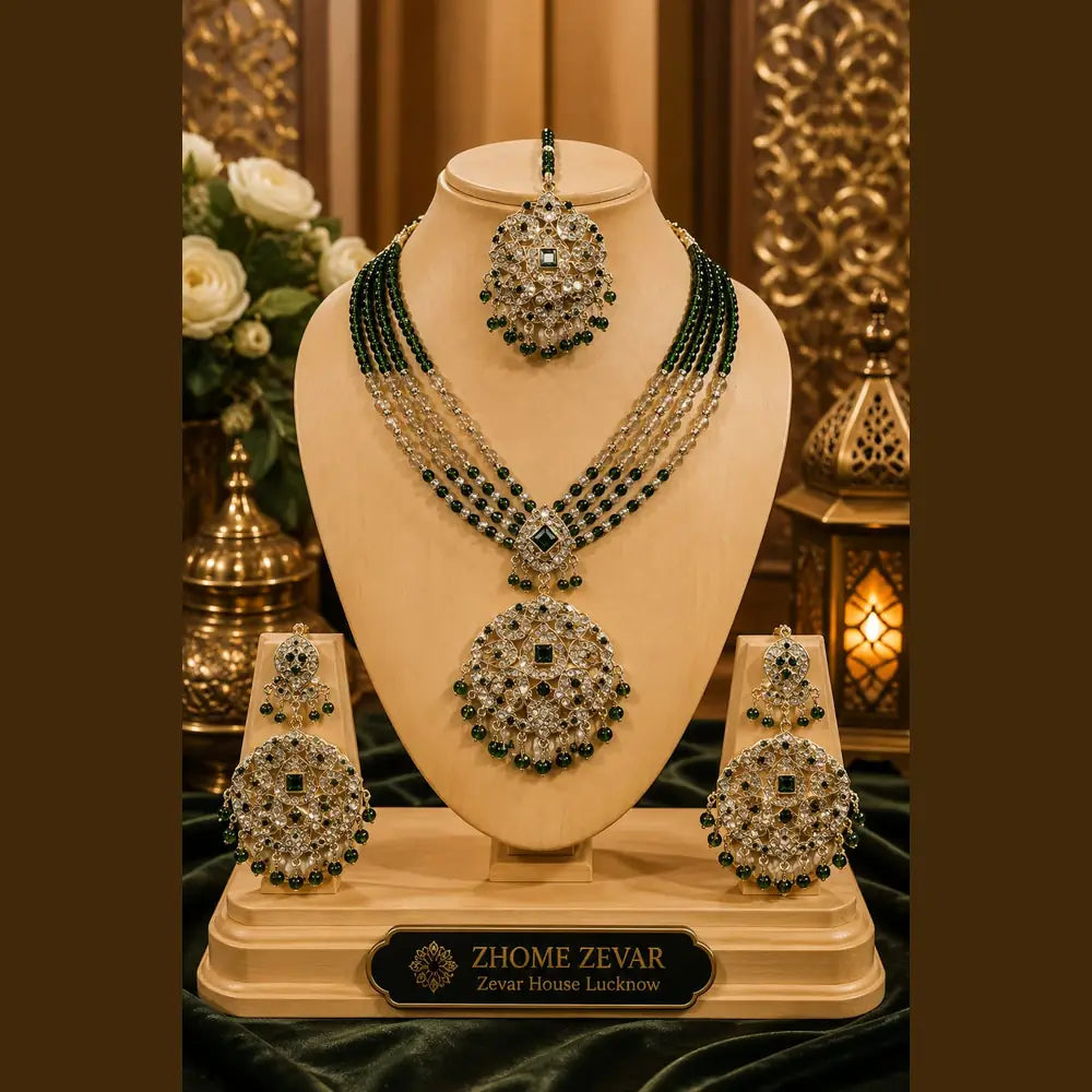 Handmade Royal Heritage Pearl & Stone Necklace Set | Necklace, Earrings & Maang Tikka Combo