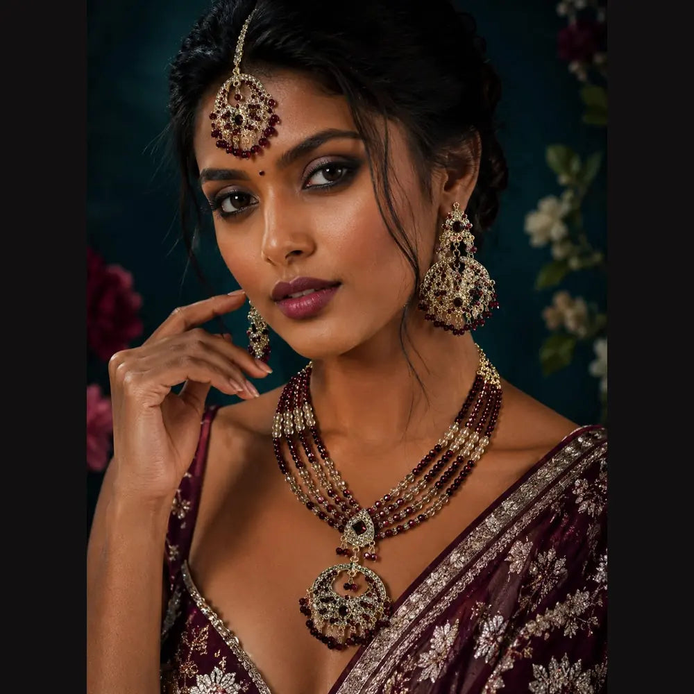 Handmade Royal Heritage Pearl & Stone Necklace Set | Necklace, Earrings & Maang Tikka Combo