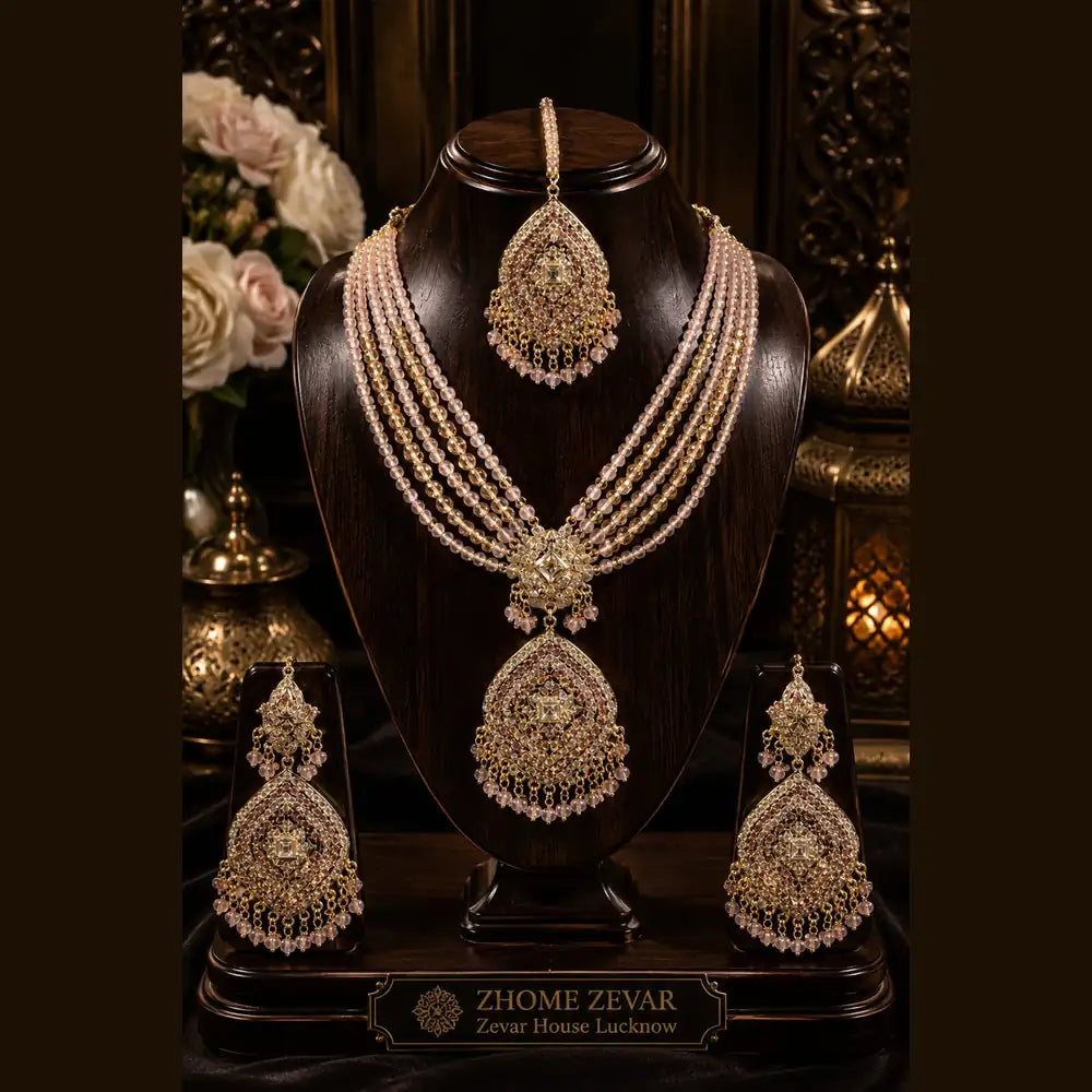 Handmade Royal Heritage Pearl & Stone Necklace Set | Necklace, Earrings & Maang Tikka Combo