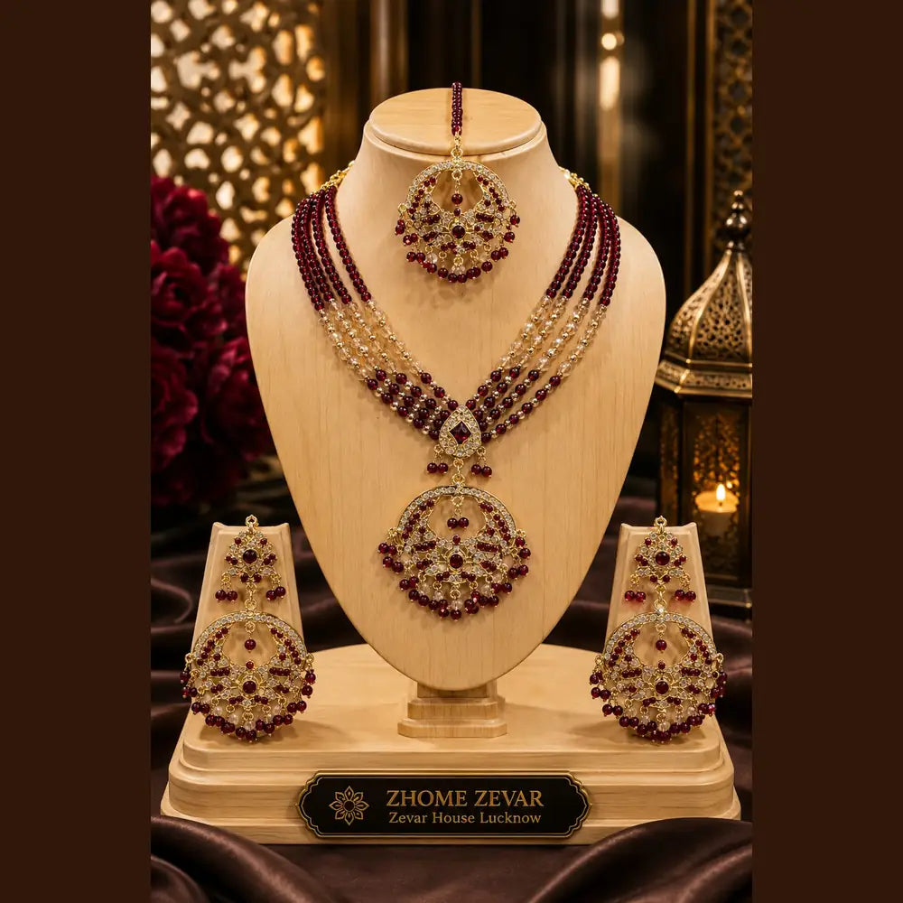Handmade Royal Heritage Pearl & Stone Necklace Set | Necklace, Earrings & Maang Tikka Combo